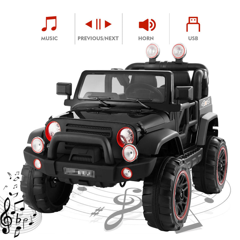 Load image into Gallery viewer, 3-Speed Black Ride-On Car for Kids with RC, MP3, LED Lights, USB, and Cover - 12V Battery Powered
