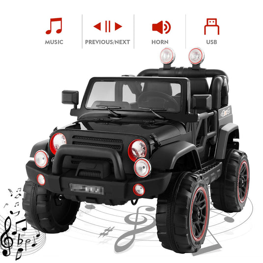 3-Speed Black Ride-On Car for Kids with RC, MP3, LED Lights, USB, and Cover - 12V Battery Powered
