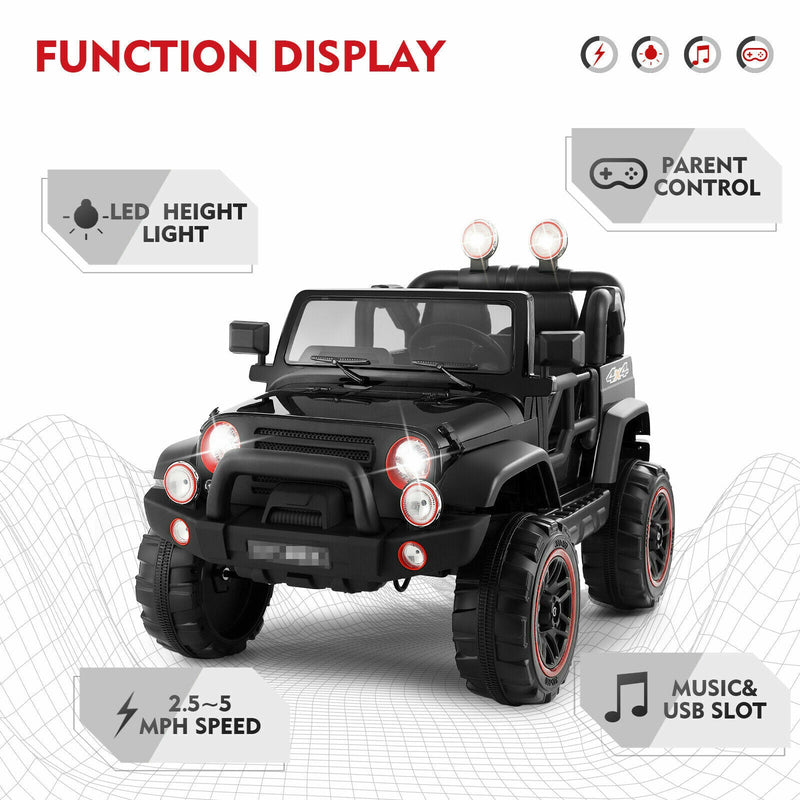 Load image into Gallery viewer, 3-Speed Black Ride-On Car for Kids with RC, MP3, LED Lights, USB, and Cover - 12V Battery Powered
