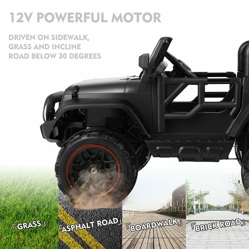 Load image into Gallery viewer, 3-Speed Black Ride-On Car for Kids with RC, MP3, LED Lights, USB, and Cover - 12V Battery Powered
