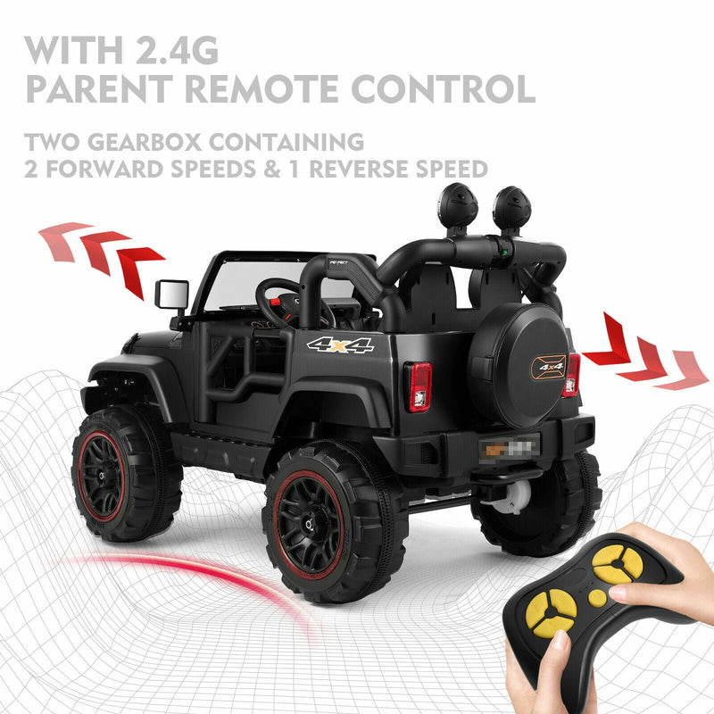 Load image into Gallery viewer, 3-Speed Black Ride-On Car for Kids with RC, MP3, LED Lights, USB, and Cover - 12V Battery Powered
