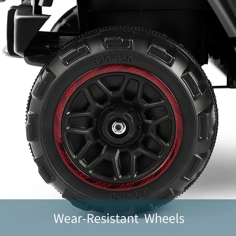 Load image into Gallery viewer, 3-Speed Black Ride-On Car for Kids with RC, MP3, LED Lights, USB, and Cover - 12V Battery Powered
