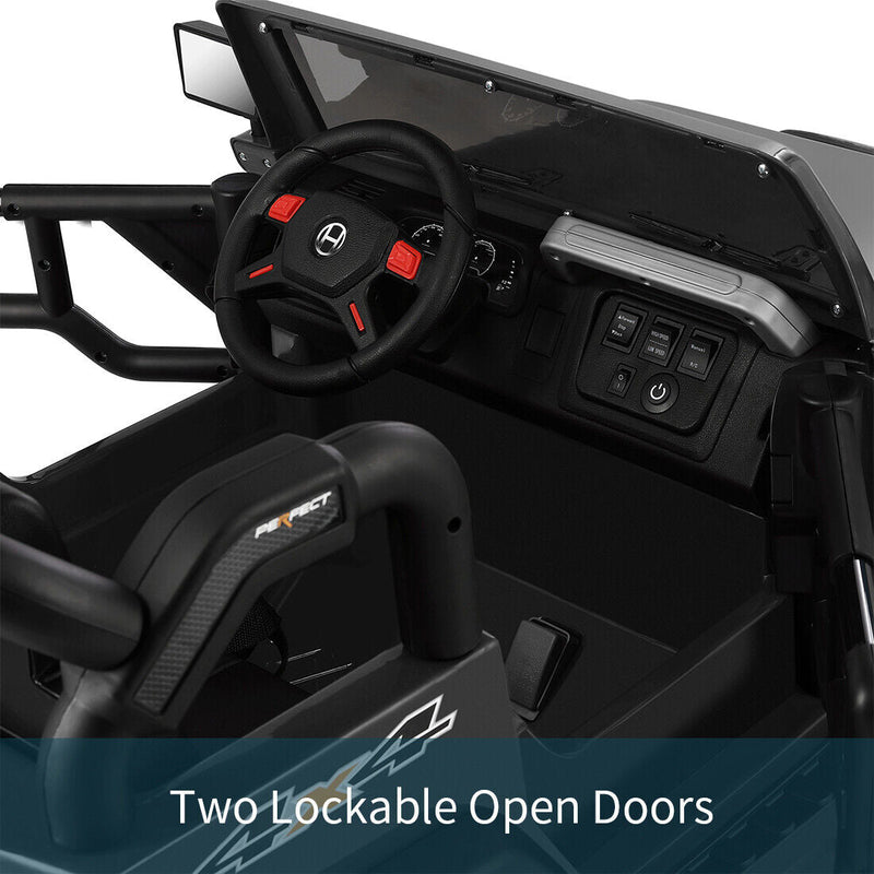 Load image into Gallery viewer, 3-Speed Black Ride-On Car for Kids with RC, MP3, LED Lights, USB, and Cover - 12V Battery Powered
