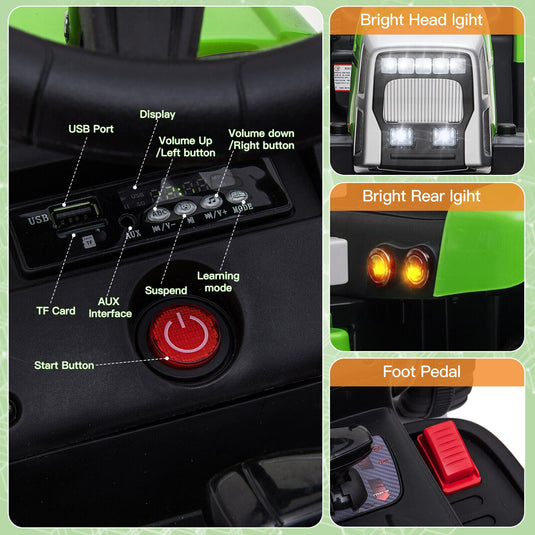 3-Speed Electric Ride On Tractor Car with Trailer for Kids - Remote Controlled with LED Lights