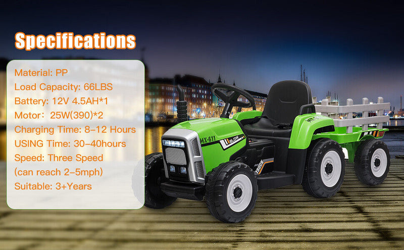 Load image into Gallery viewer, 3-Speed Electric Ride On Tractor Car with Trailer for Kids - Remote Controlled with LED Lights
