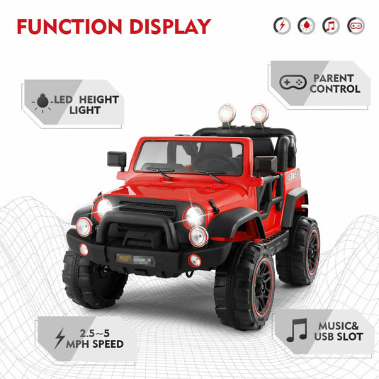 3-Speed Red Ride On Car Truck for Kids with RC, MP3, LED Lights, USB, and Cover - 12V