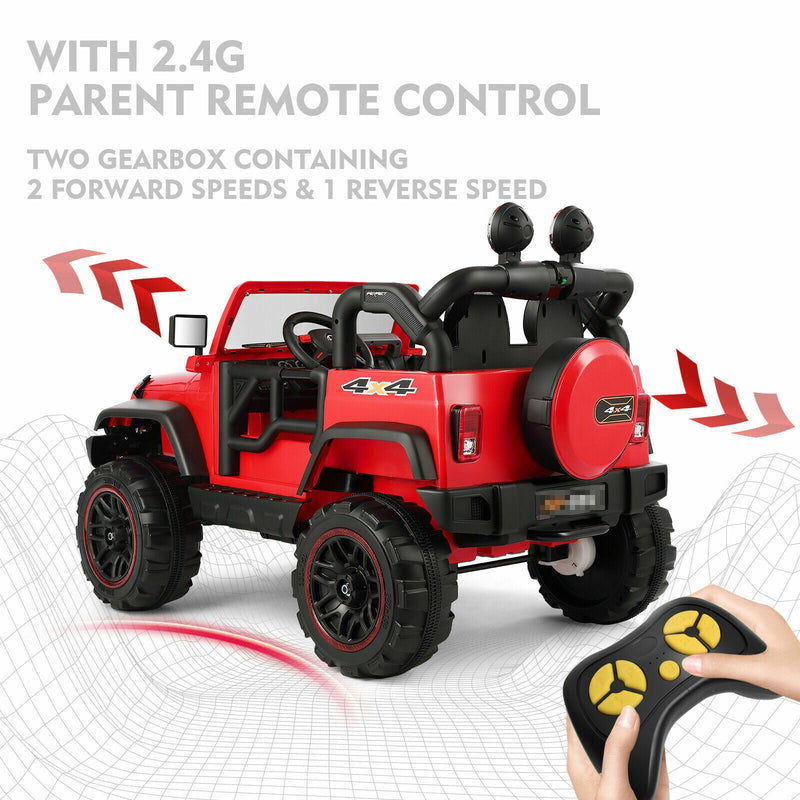 Load image into Gallery viewer, 3-Speed Red Ride On Car Truck for Kids with RC, MP3, LED Lights, USB, and Cover - 12V
