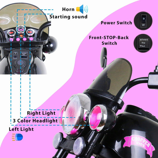 3-Wheel Chopper Ride-On Motorcycle Toy for Kids with LED Headlights