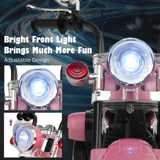 3-Wheel Pink Chopper Motorcycle for Kids with Headlight and Horn