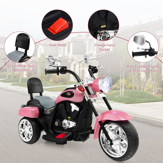 3-Wheel Pink Chopper Motorcycle for Kids with Lights and Horn