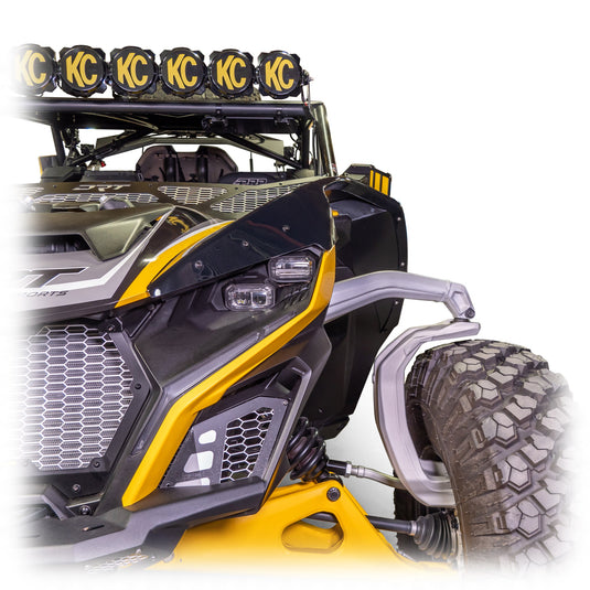Extended coverage front fender kit for Can-Am Maverick R to deflect mud, rocks, sand