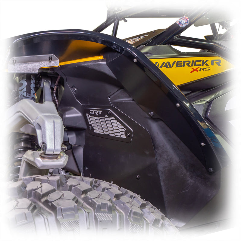 Load image into Gallery viewer, Close-up of a front aluminum rock guard installed on a Maverick R.
