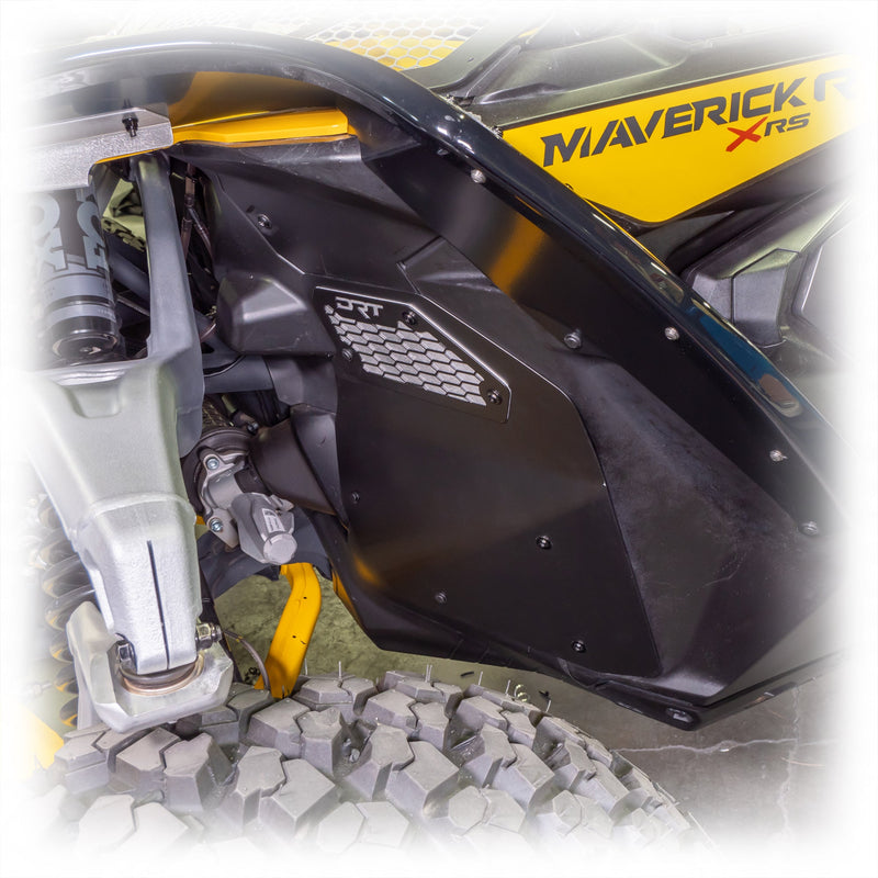 Load image into Gallery viewer, Close-up of a front aluminum rock guard installed on a Maverick R.
