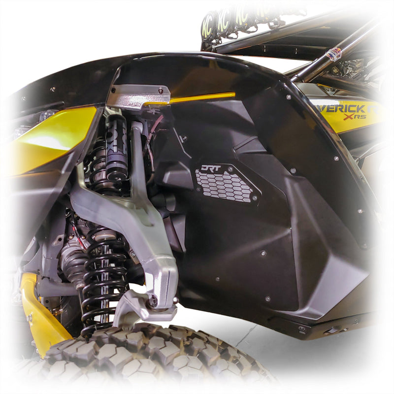 Load image into Gallery viewer, Close-up of a front aluminum rock guard installed on a Maverick R.
