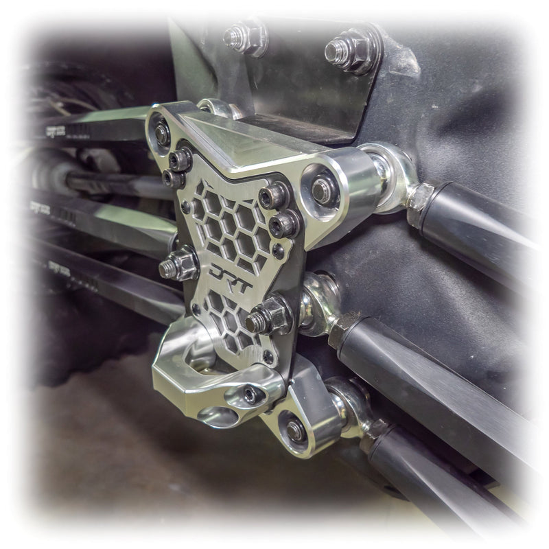 Load image into Gallery viewer, DRT Can-Am Maverick X3 2017+ Billet Aluminum 3-PC Radius Rod Plate Kit Front side view close up
