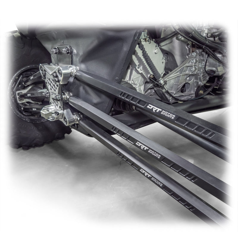 Load image into Gallery viewer, DRT Can-Am Maverick X3 2017+ Billet Aluminum 3-PC Radius Rod Plate Kit Full rear view from an angle
