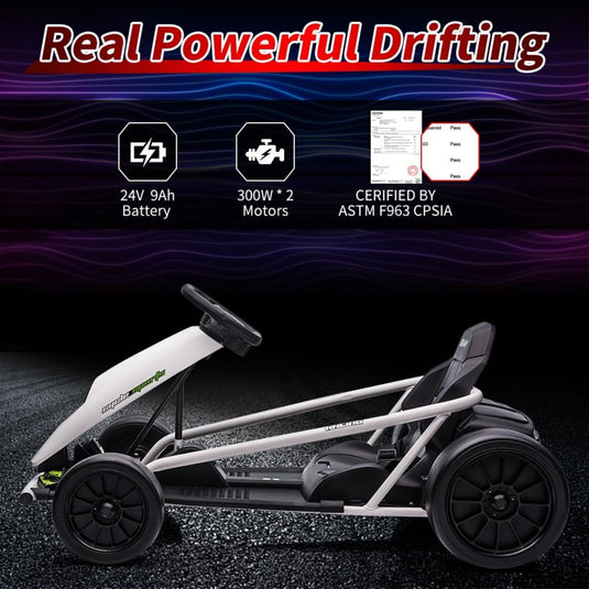 High-Speed Drifting Go Kart for Kids 8-12 Years - 24V Electric Ride-On with 8MPH Top Speed and Adjustable 14.3 Seat