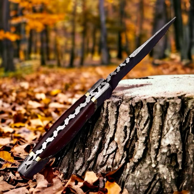 Load image into Gallery viewer, Small Bushcraft Knife – 9&quot; Damascus Steel Blade with Rosewood Handle &amp; Leather Sheath
