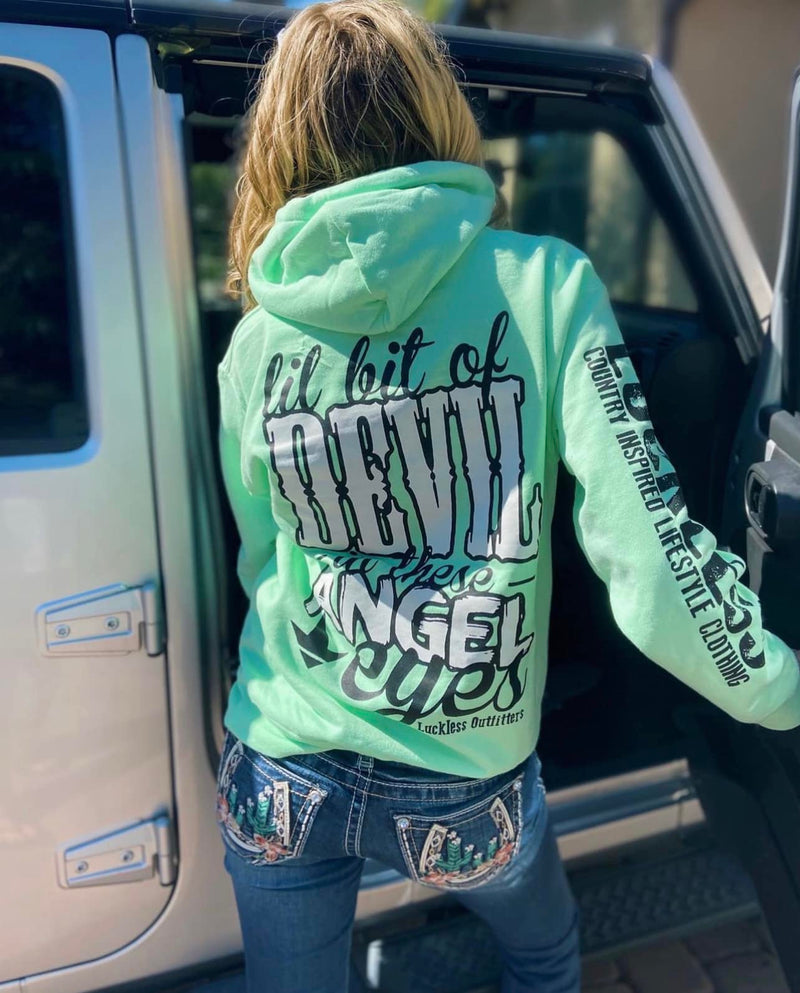 Load image into Gallery viewer, Lil Bit Of Devil in these Angel Eyes Hoodie
