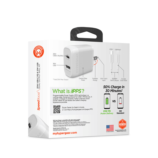 HyperGear SpeedBoost 25W USB-C PD + 12W USB Fast Wall Charger with PPS and 6ft MFi Lightning Cable