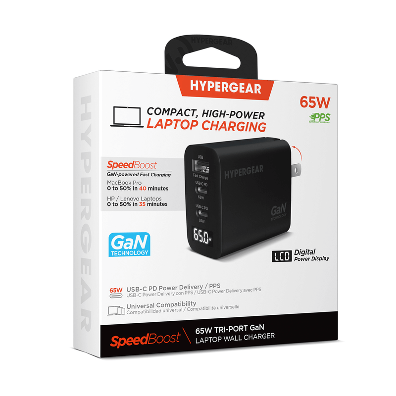 Load image into Gallery viewer, HyperGear SpeedBoost 65W USB-C PD Tri-Port GaN Laptop Charger with PPS and Digital Display
