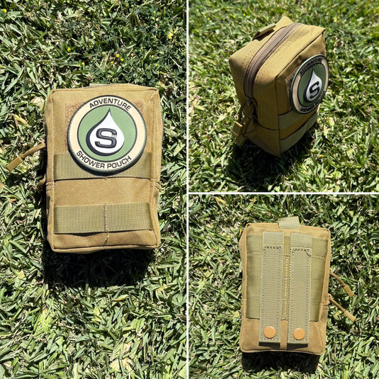 Tactical Molle Zipper Bag + Adventure Sampler Kit: 4 Shower Pouches, 1 Hand Sanitizer (80%), and 1 Deodorant
