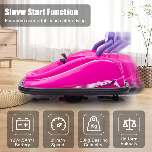 360° Rotating LED Bumper Car for Kids with Twin Motors and Parental Remote Control - 12V