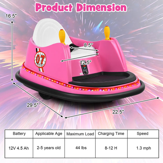 360° Spin Race Bumper Car 12V Toy with Remote Control - Pink