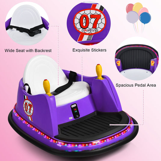 360° Spin Race Bumper Car for Kids with Remote Control - Purple 12V Vehicle