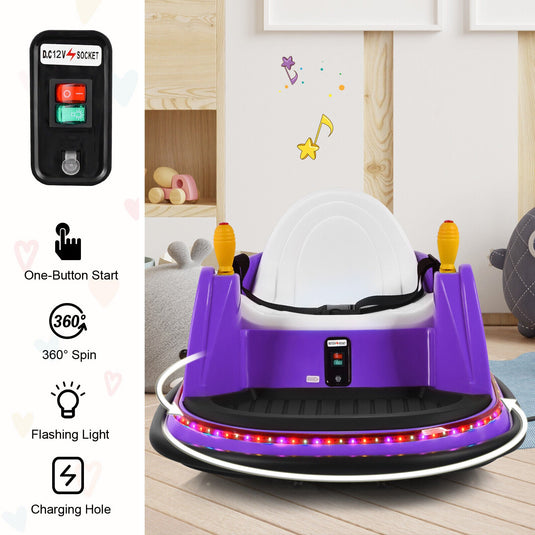 360° Spin Race Bumper Car for Kids with Remote Control - Purple 12V Vehicle