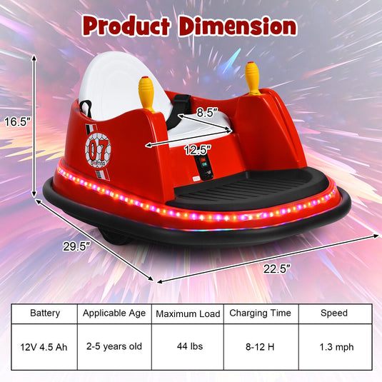 360° Spin Race Bumper Car for Kids with Remote Control - Red, 12V Vehicle