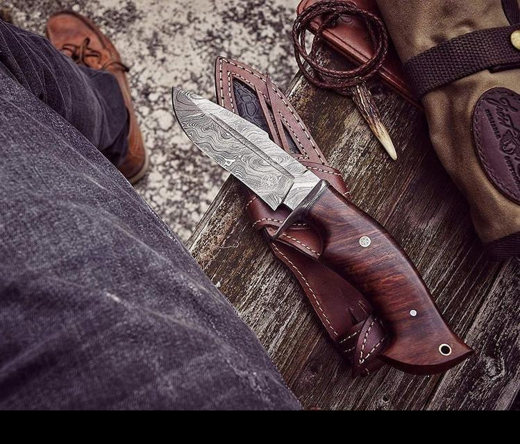 Load image into Gallery viewer, Good Hunting Knives – 10&quot; Damascus Steel Blade with Rosewood Handle &amp; Leather Sheath
