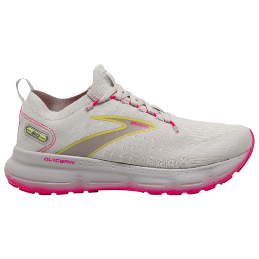 Women's Brooks Glycerin StealthFit 20, Grey/Yellow/Pink, 6.5 B Medium - Skoutley Outdoors LLC