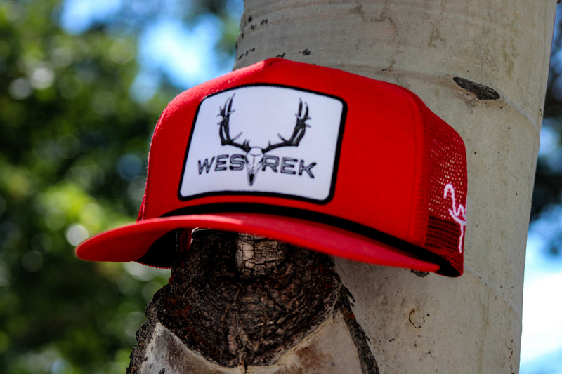 Load image into Gallery viewer, “Red Lightning Wes” 5-Panel Trucker Hat – Retro Western Mesh Back | Original Westrek Logo Cap | Red &amp; White Snapback
