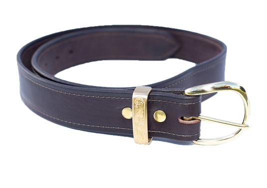 1.50-inch Stitched English Bridle Leather Belt with Solid Brass Belt Keeper