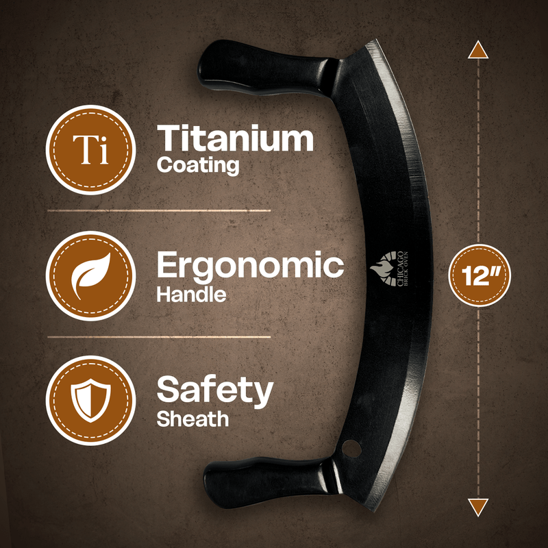 Load image into Gallery viewer, 12-Inch Heavy-Duty Pizza Cutter Rocker Blade – Stainless Steel Mezzaluna Knife with Titanium Coating – Professional Pizza Cutter w/ Protective Cover
