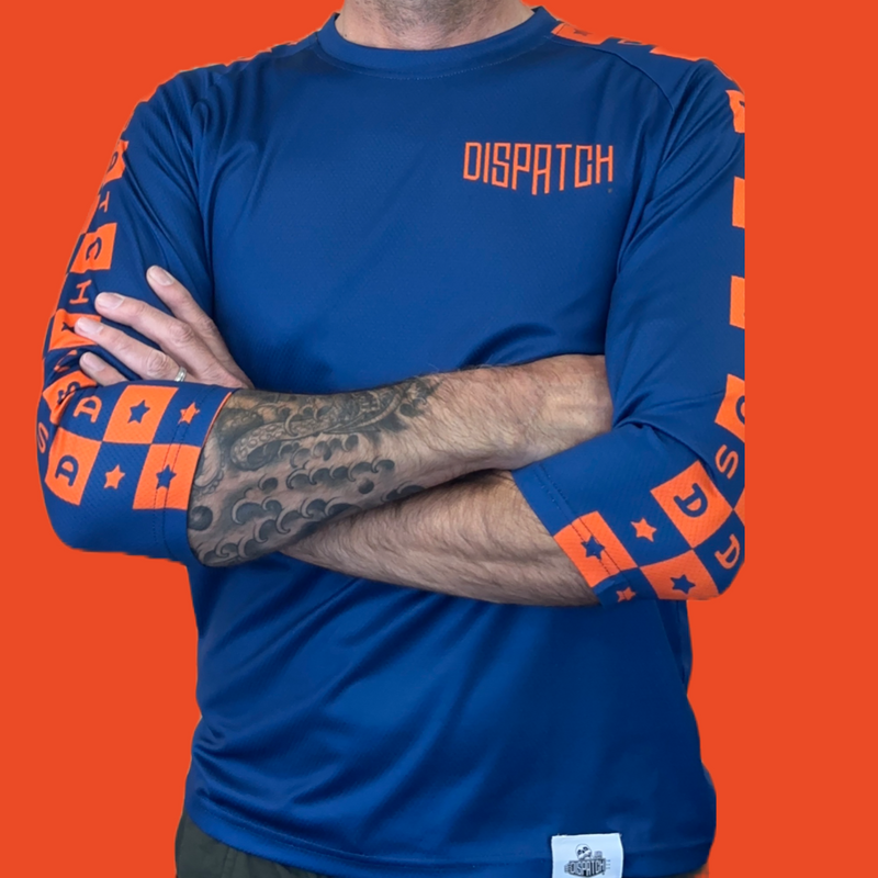 Load image into Gallery viewer, Dispatch Blue &amp; Orange Checkerboard 3/4 Sleeve Mountain Bike Jersey
