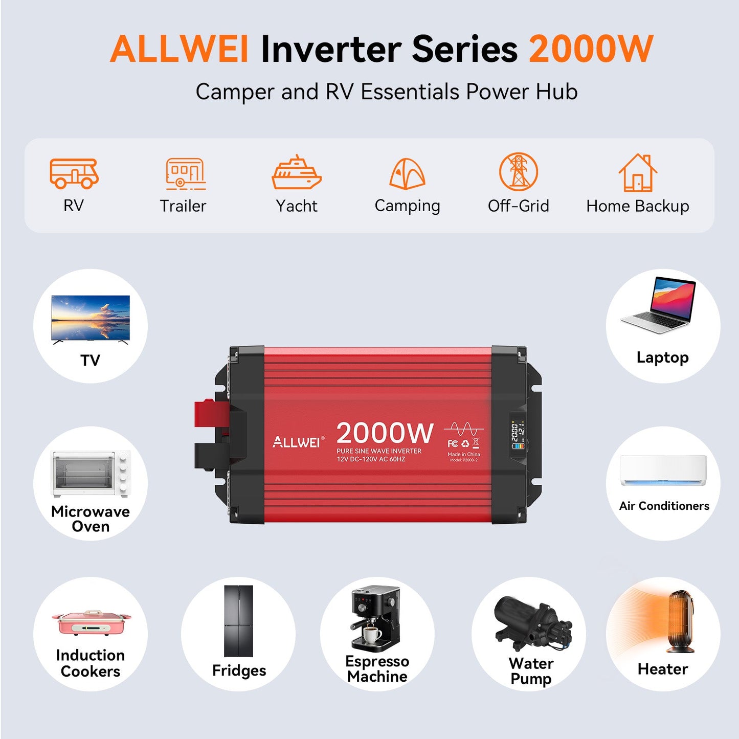 ALLWEI 2000W Pure Sine Wave Inverter - 12V DC to 120V AC Power Converter