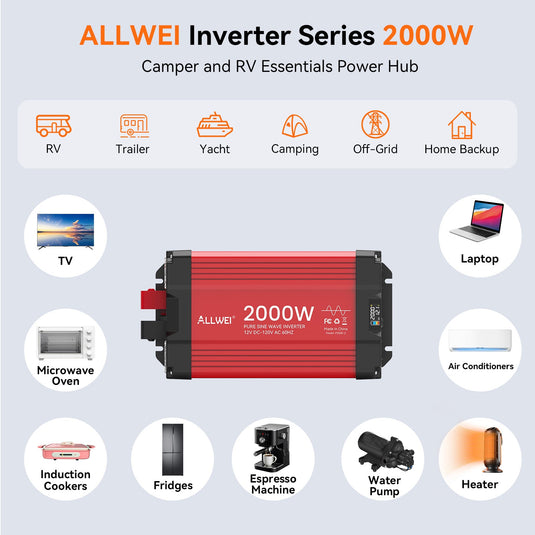 ALLWEI 2000W Pure Sine Wave Inverter - 12V DC to 120V AC Power Converter