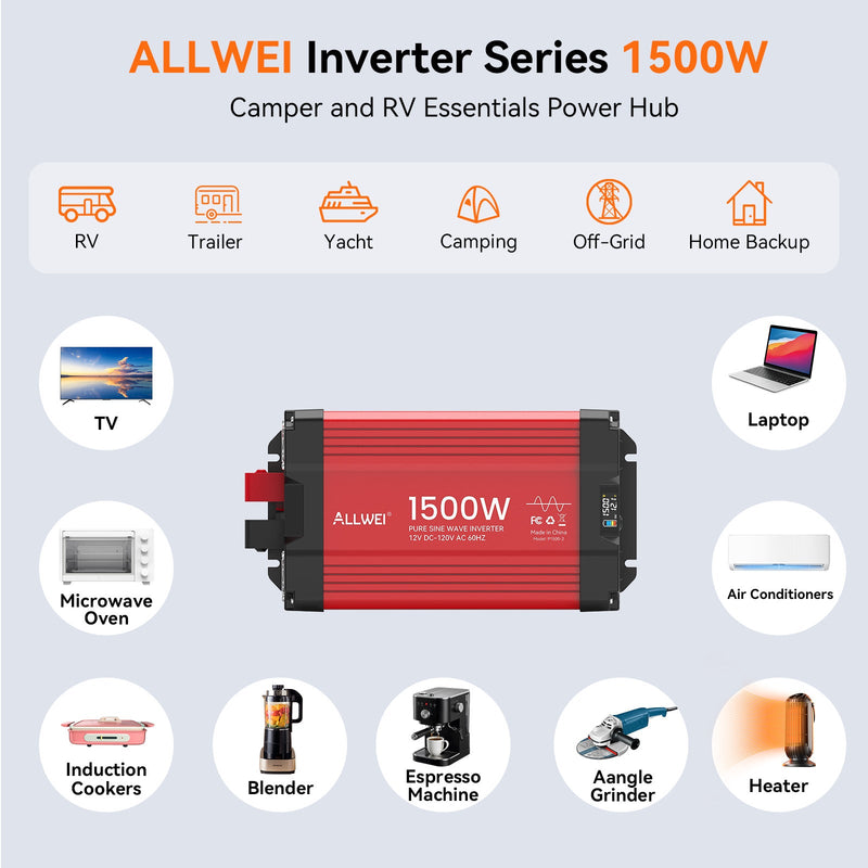 Load image into Gallery viewer, ALLWEI 1500W Pure Sine Wave Inverter 12V to 120V AC
