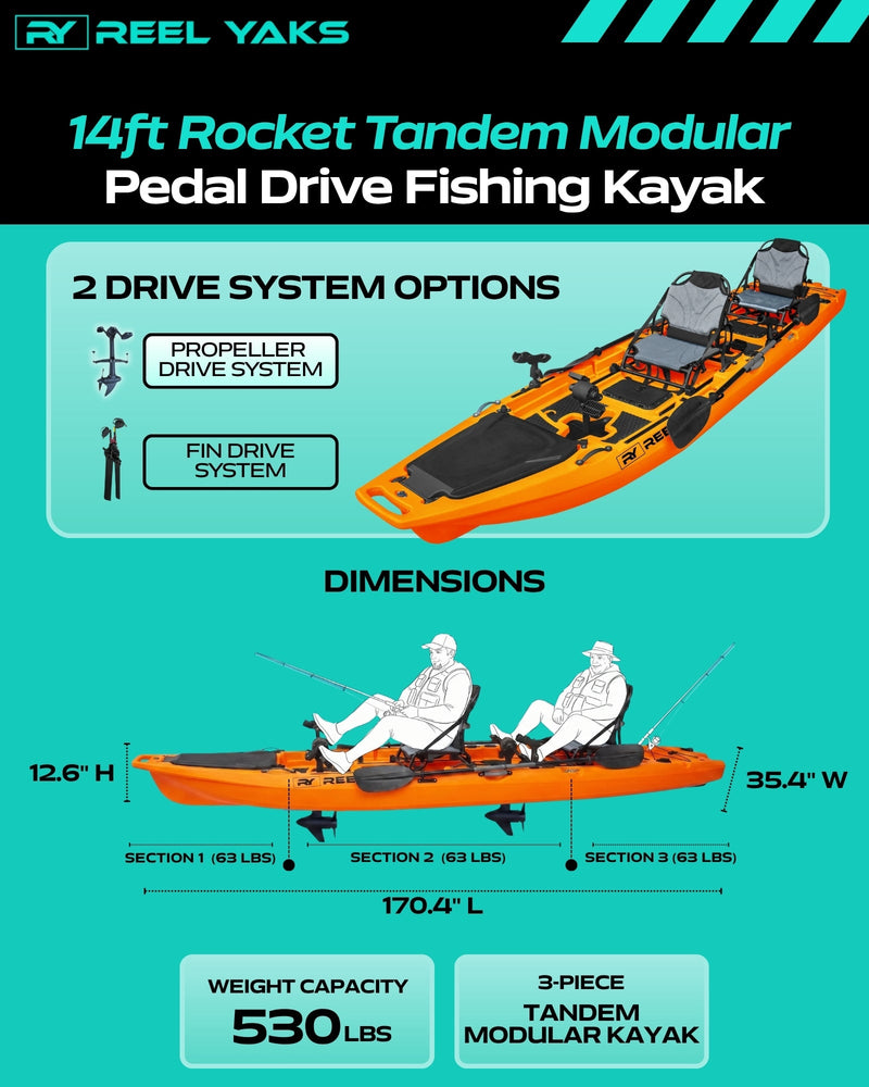 Load image into Gallery viewer, 13.8ft  Rocket Propeller Drive Tandem &amp; Solo Modular Fishing Kayak | Propeller Drive | 550lbs Capacity | 3 Piece
