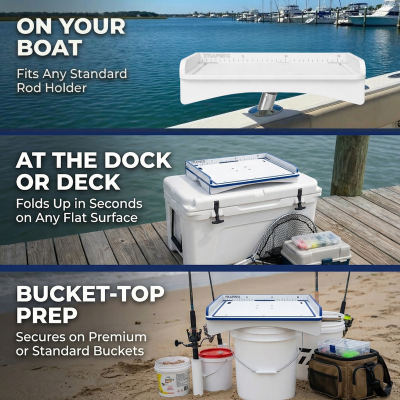 Load image into Gallery viewer, Premium Rod Mount 18" or 33" Raised Fillet Table – 3-in-1 Bait &amp; Fish Station | Fits Rod Holders, Buckets &amp; Flat Surfaces | Marine-Grade HDPE | Ruler, Juice Groove, Knife &amp; Tool Slots
