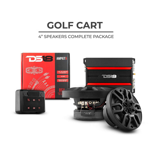 DS18 Golf Cart Package - 2 x 4” Marine Speakers + 1x 2 CH Amplifier + 1 x AMPKIT8 + 1 x ENSBTRC-SQ, BLACK or WHITE. - Skoutley Outdoors LLC