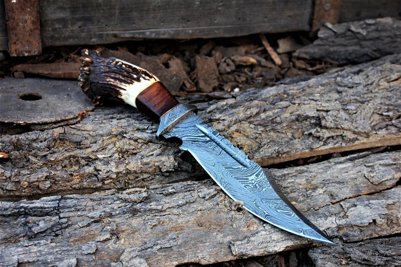Load image into Gallery viewer, Custom Handmade 13" Damascus Bowie Knife – Stag Crown &amp; Rosewood Handle with Leather Sheath
