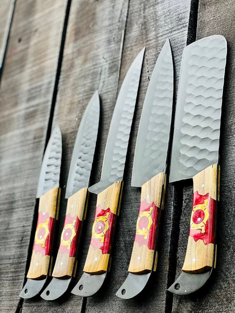 Load image into Gallery viewer, Stainless Steel Knife Set 13" – Forged Blades with Olivewood &amp; Epoxy Handles + Leather Sheath
