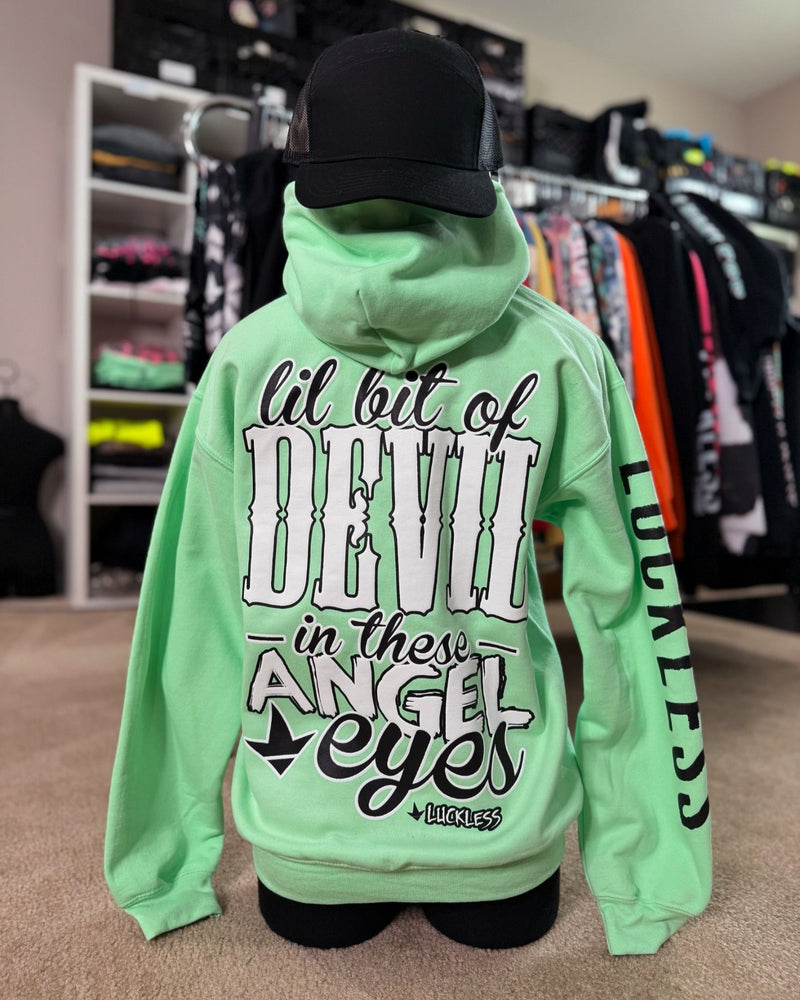 Load image into Gallery viewer, Lil Bit Of Devil in these Angel Eyes Hoodie
