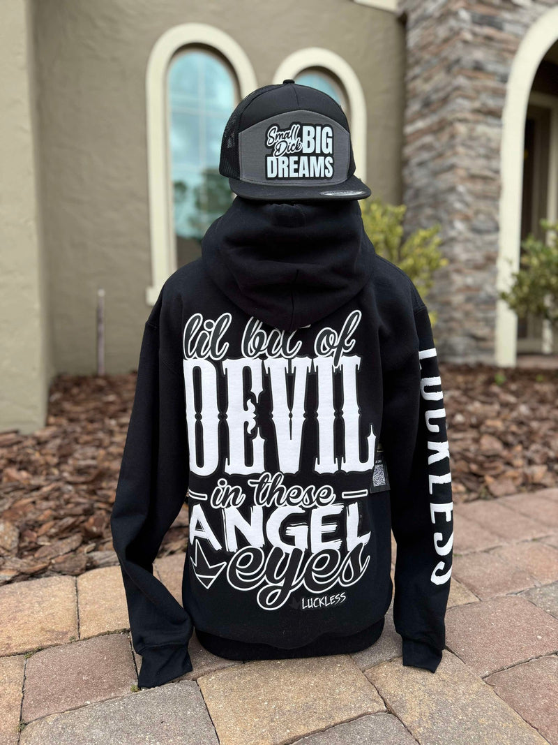 Load image into Gallery viewer, Lil Bit Of Devil in these Angel Eyes Hoodie

