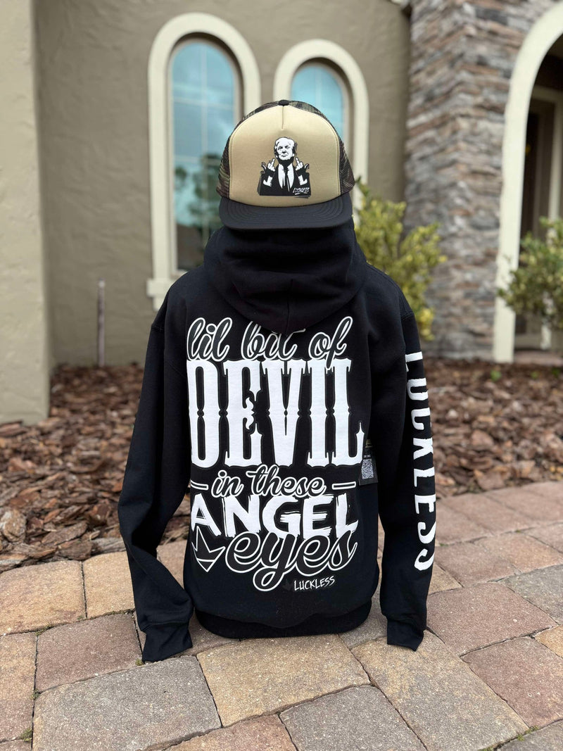 Load image into Gallery viewer, Lil Bit Of Devil in these Angel Eyes Hoodie
