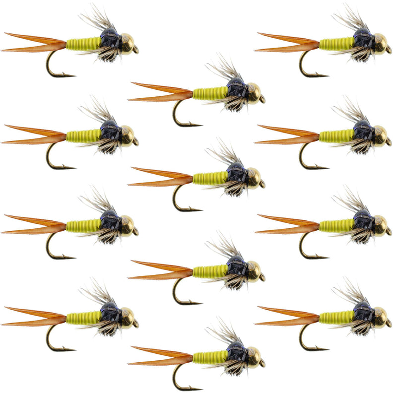 Load image into Gallery viewer, Bead Head Hot Yellow Copper John Nymph 1 Dozen Fly Fishing Flies - Hook Size 10
