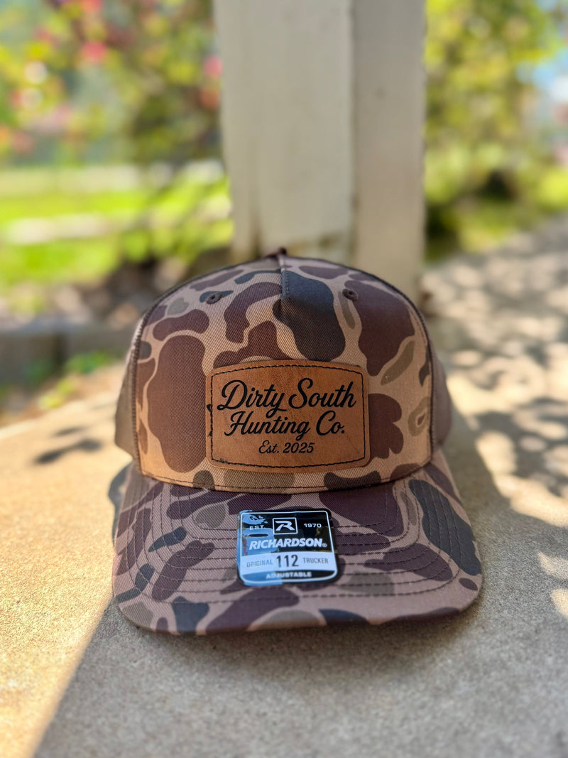 Load image into Gallery viewer, Dirty South Hunting Co. Laser Engraved Leather Patch Hats – Bark Duck Camo

